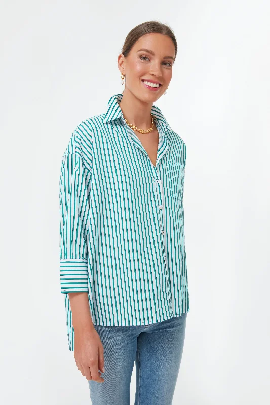 Blouses & Shirts with tie-dye designs-Green Striped Adair Boyfriend Shirt