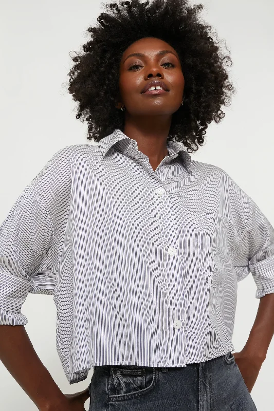 Embroidered Blouses & Shirts for women-Ivory Indigo Gold Stripe Next Ex Shirt