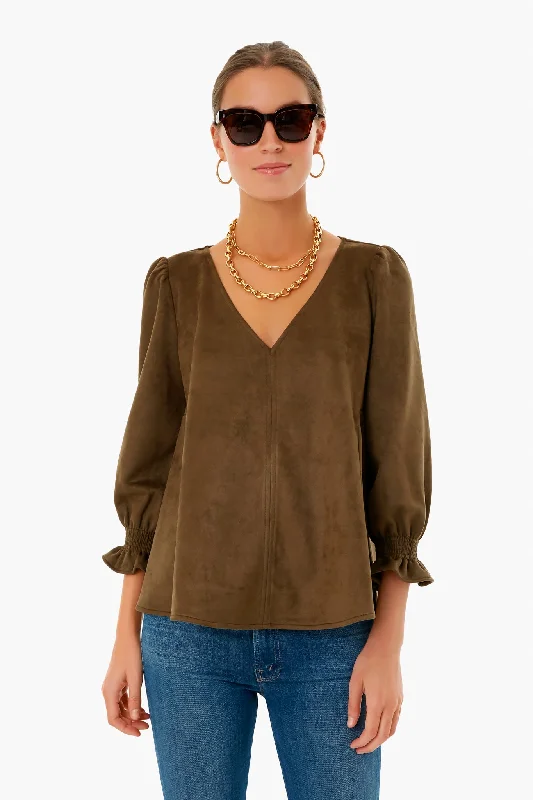 Formal office Blouses & Shirts for women-Olive Suede Easton Blouse