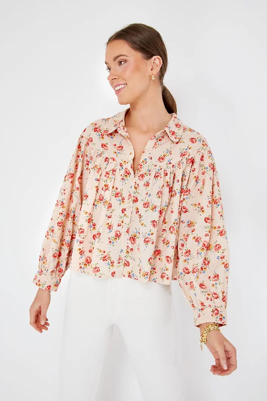 Long Blouses & Shirts for stylish looks-Pale Pink Kerchief Rose Print The Carousel Top