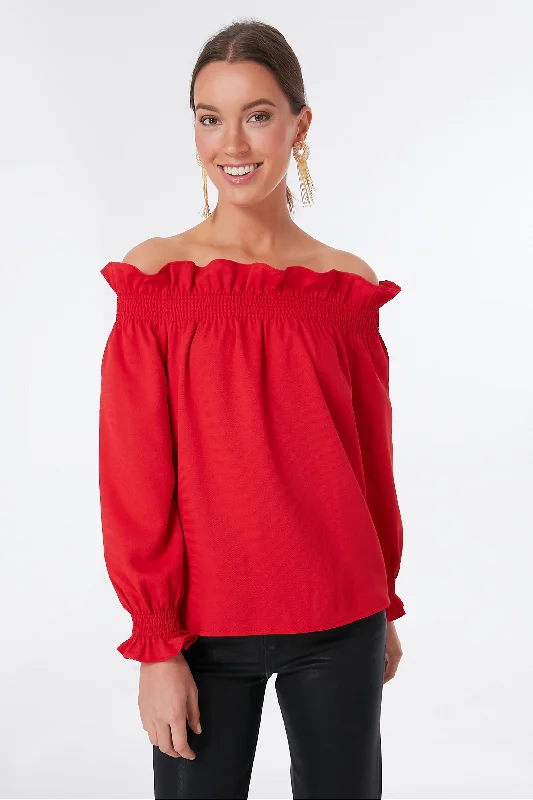 Blouses & Shirts with V-necklines-Red Off the Shoulder Marguerite Blouse