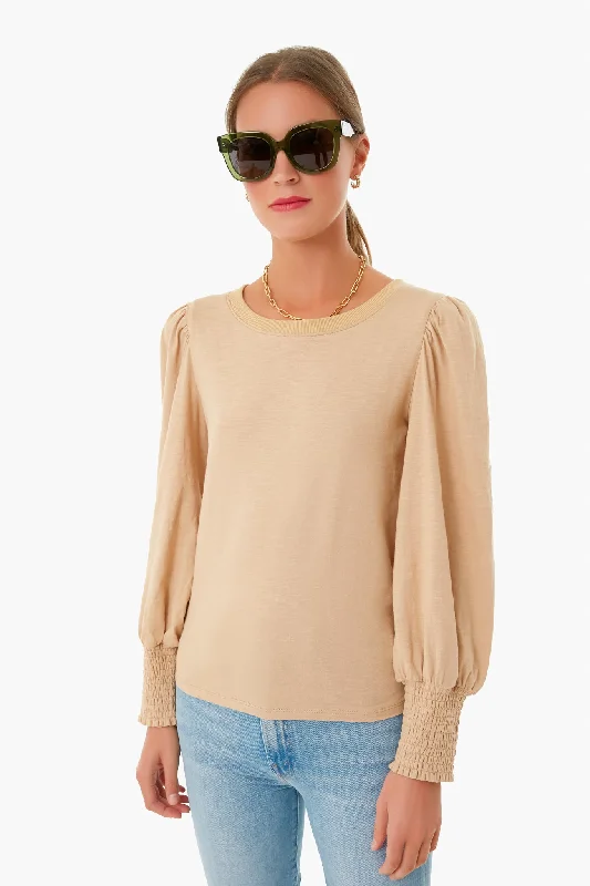 Work-appropriate Blouses & Shirts for women-Sand Wisp Lennon Puff Sleeve Crewneck