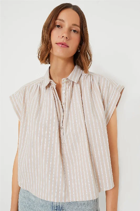 Retro Blouses & Shirts for women-Tan Stripe Drop Shoulder Rosie Popover Top