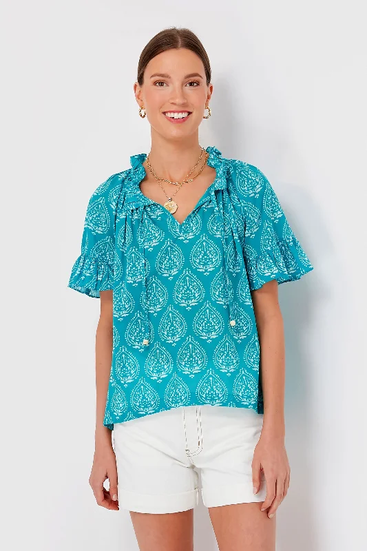 Blouses & Shirts for spring outfits-Tropical Teal Lantern Block Print Cassis Top