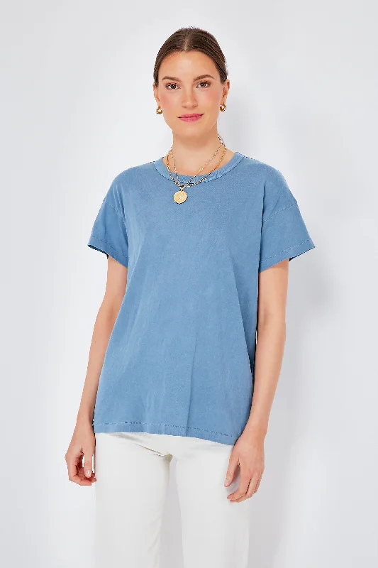 Comfy Blouses & Shirts for lounging at home-Vintage Cornflower Boxy Crew Tee