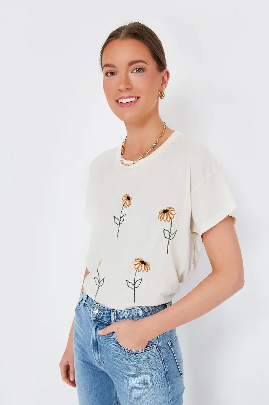 Blouses & Shirts for layering with jackets-Washed White Weeping Daisy Embroidery Boxy Tee