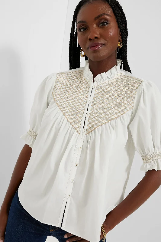 Long-sleeve Blouses & Shirts for evening wear-White Elisa Smocked Blouse