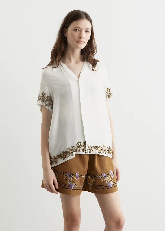 Oversized Blouses & Shirts for relaxed style-Beaded Wheat Flower Short-Sleeve Shirt