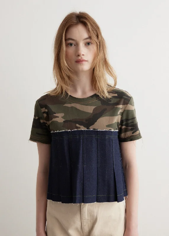 Anime T Shirts-Camouflage Pleats Denim Top