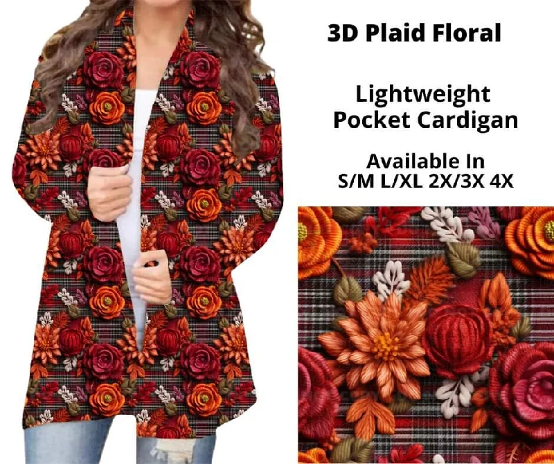 Cardigan subtle wool layers-Women's Glitter A-Line Cardigans-3D Plaid Floral Pocket Cardigan