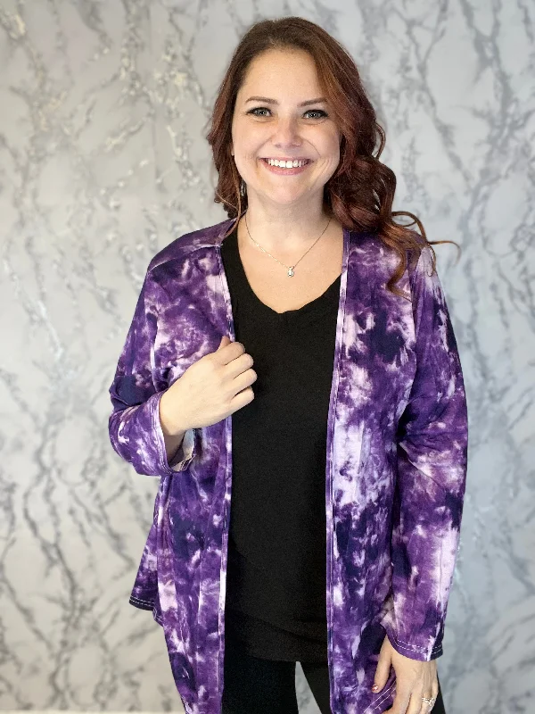 Cardigan short length-Women's Ribbed Ruffle Cardigans-Purple Tie Dye Slinky Cardigan