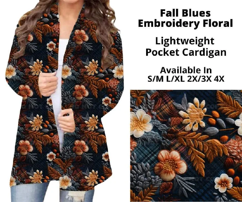 Cardigan with wave-Women's Fleece Pleated Cardigans-Fall Blues Embroidery Floral Pocket Cardigan