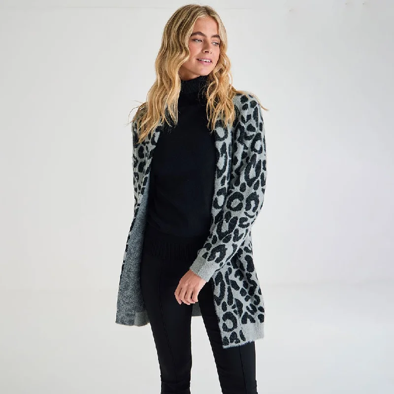 Cardigan autumn wool layers-Women's Fleece Ruffle Cardigans-Ladies Grey Leopard Cardigan