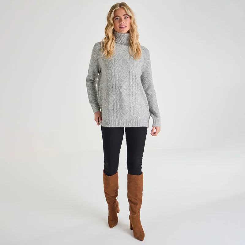 Cardigan for forest walks-Women's Fleece Cardigans-Ladies Polo Neck Cable Knit Jumper