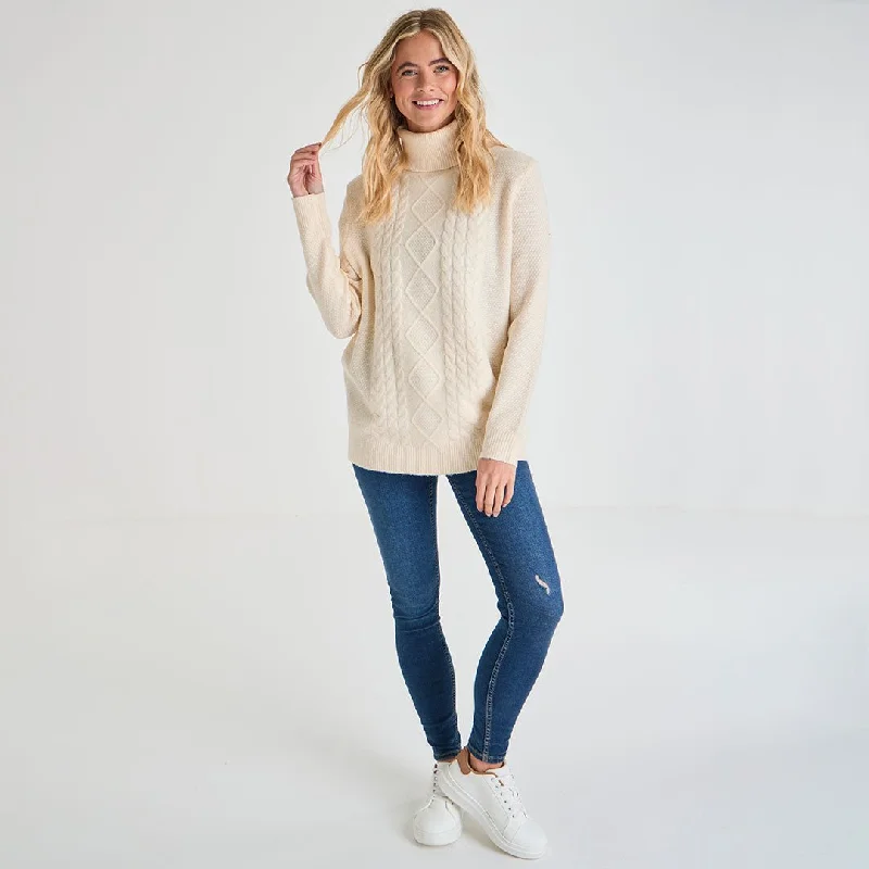 Cardigan stylish wool layers-Women's Fleece A-Line Cardigans-Ladies Polo Neck Cable Knit Jumper