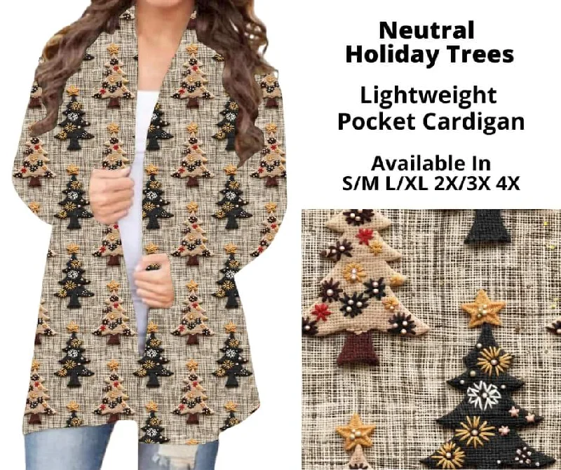 Cardigan winter wool design-Women's Insulated Denim Cardigans-Neutral Holiday Trees Pocket Cardigan