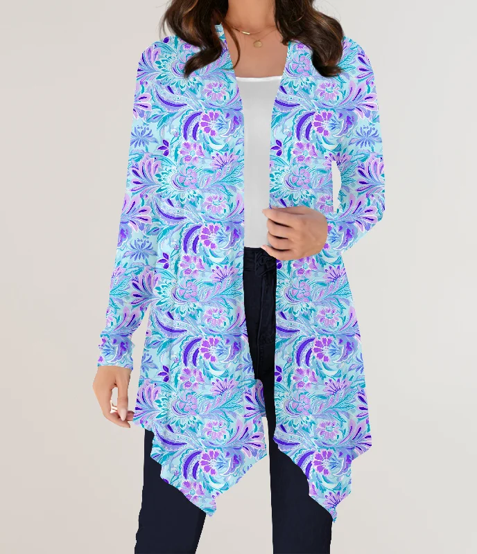 Cardigan with depth-Women's Metallic Ruffle Cardigans-RTS - Purple Paisley Cardigan w/ Pockets