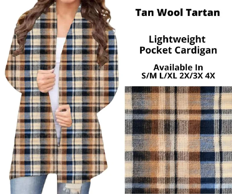 Cardigan pastel wool layers-Women's High-Waisted Pencil Cardigans-Tan Wool Tartan Pocket Cardigan