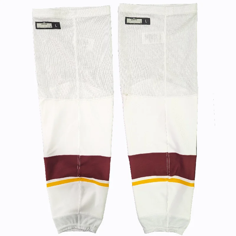 Ripped Denim Pants-Women's Double-Waist Pants-NCAA - Used CCM Hockey Socks (White/Maroon/Yellow)