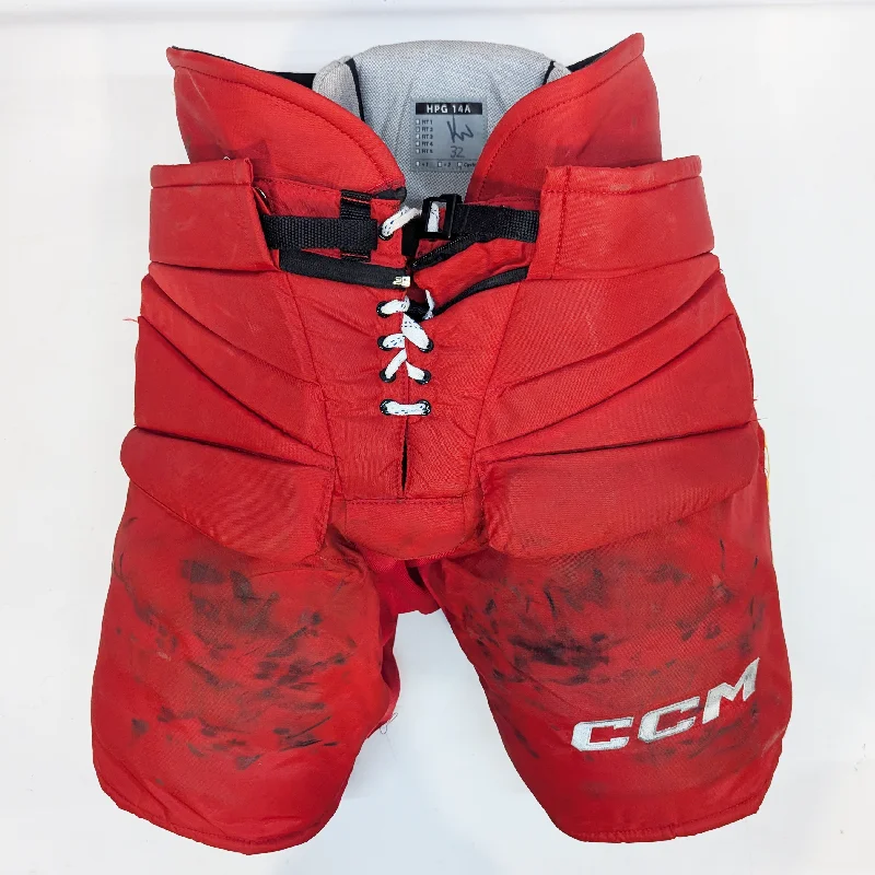 Boho Pants-Women's Drawcord Pants-CCM HPG14A - NHL Used Pro Stock Hockey Goalie Pants - Calgary Flames (Red/Yellow)