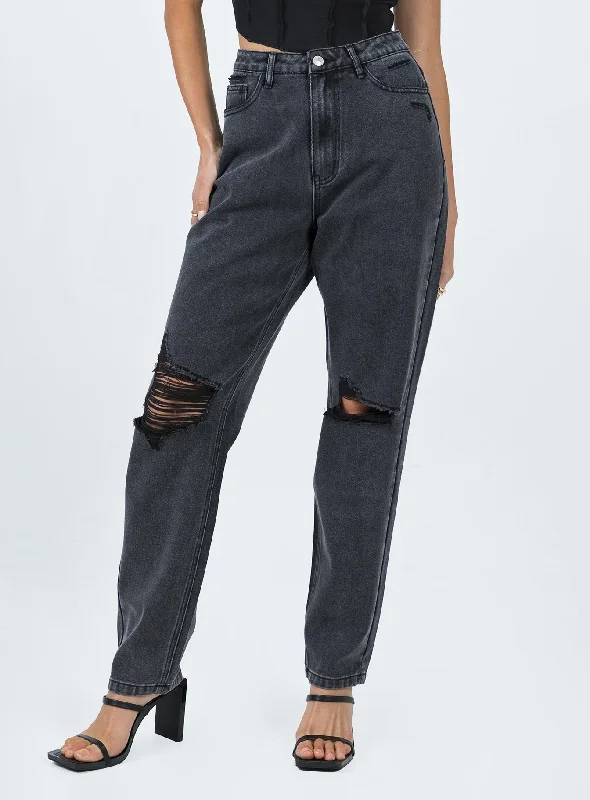 Wool Blend Dress Pants-Women's Low Rise Pants-Emmette High Waisted Mom Jean Washed Black