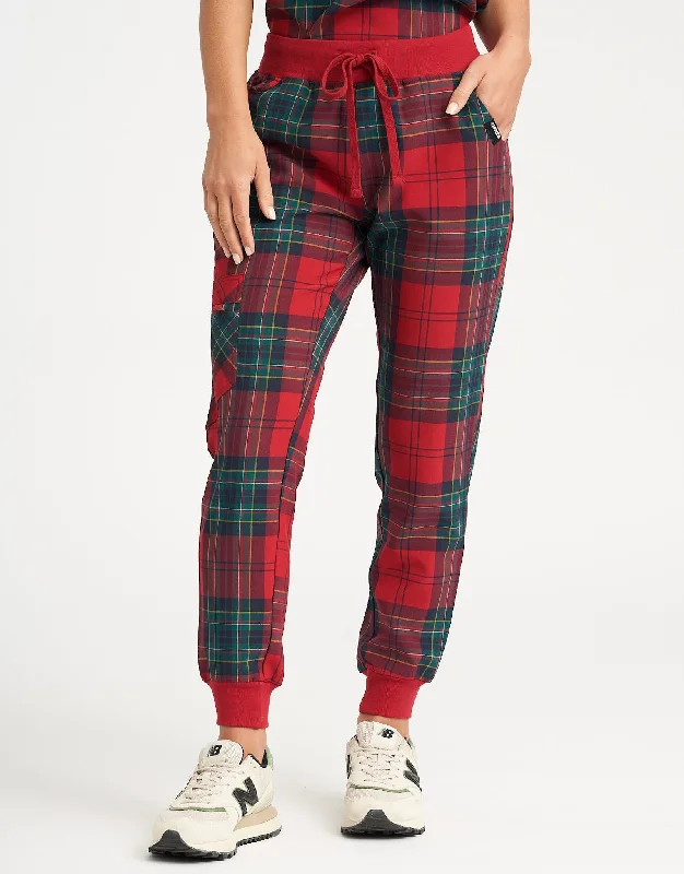 Functional Work Pants-Women's Workout Pants-Essential Jogger Scrub Pants - Christmas Red Tartan