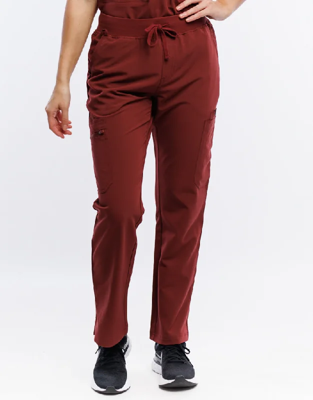 Chinos Pants-Women's Baroque Print Pants-Essential Multi-Pocket Scrub Pants - Bordeaux Red