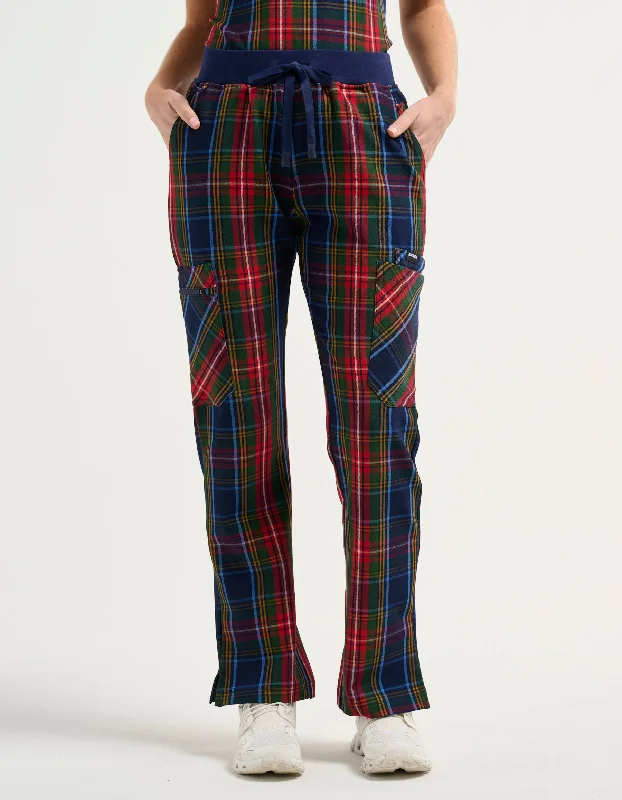 Formal Pants-Women's Athletic Pants-Essential Multi-Pocket Scrub Pants - Christmas Blue Tartan