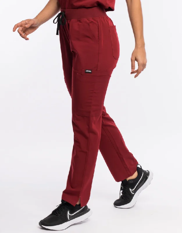 Ripped Pants-Women's Convertible Pants-Essential Multi-Pocket Scrub Pants - Syrah Red