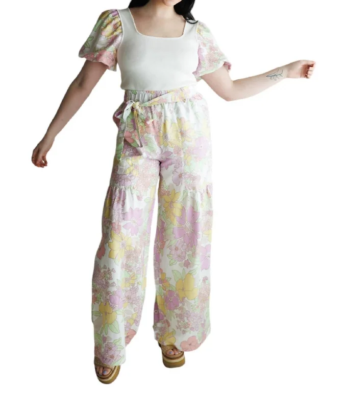 Colorful Print Pants-Women's Chalk Stripe Pants-Floral Wide Pants In Pink Floral