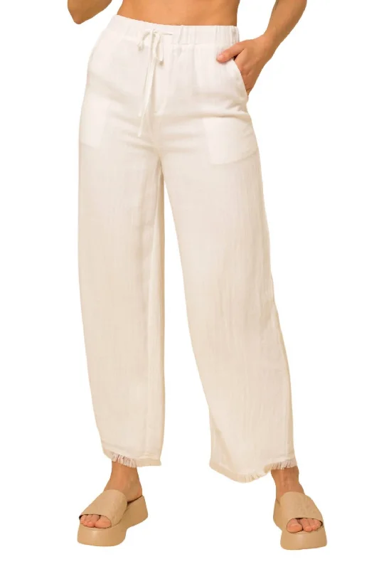 Cool Weather Jogger Pants-Women's Abstract Print Pants-Fringe Hem Wide Leg Pant In White