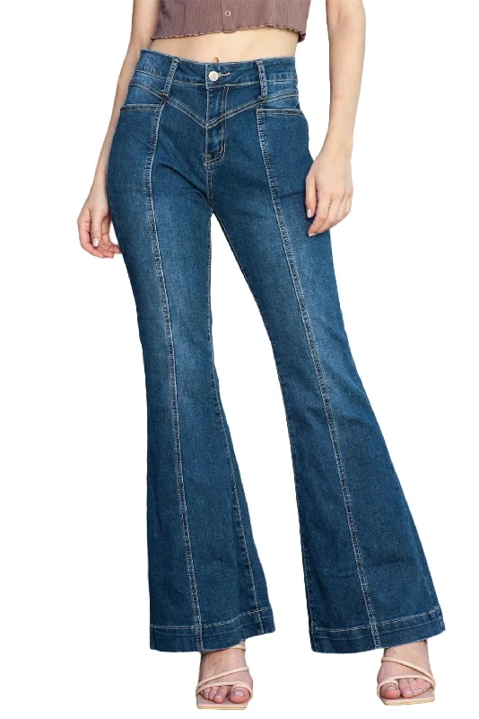 Warm Pants-Women's All-Season Pants-High Waisted Bell Bottom Jean In Dark Wash