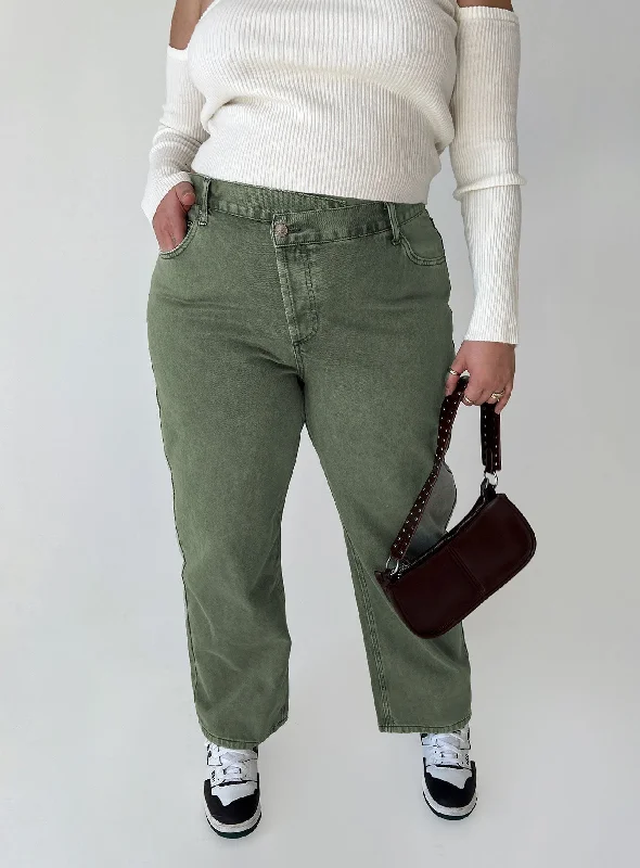 Regular Fit Pants-Women's Beaded Pants-Holly Asymmetric Straight Leg Jean Green Denim Curve