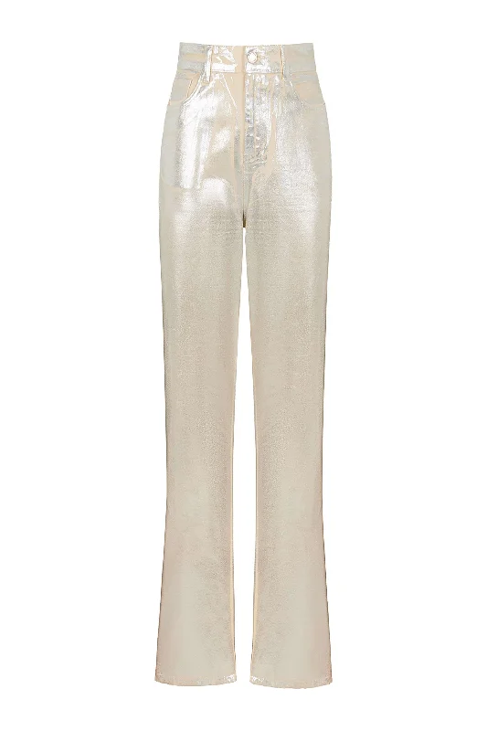 Knit Jogger Pants-Women's Silk Pants-Metallic Straight Leg Jeans