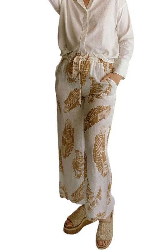 Comfortable Running Pants-Women's Bohemian Pants-Palm Print Linen Pants In Beige