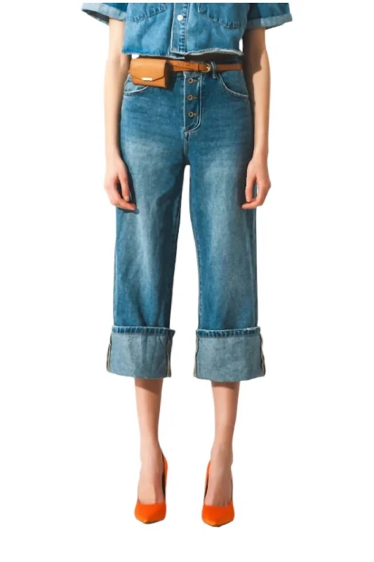 Capri Pants-Women's Belted Pants-Relaxed Jeans With Rolled Hem And Exposed Buttons In Denim Blue