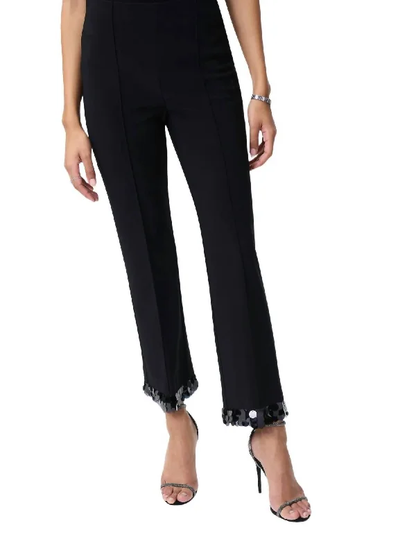 Relaxed Winter Pants-Women's Snap Button Pants-Sequin Trim Pants In Black