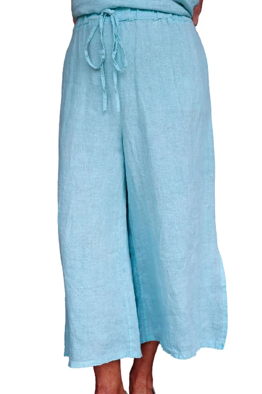 Floral Print Lounge Pants-Women's Flight Pants-Side Slit Crop Wide Leg Linen Pants In Tiffany Blue