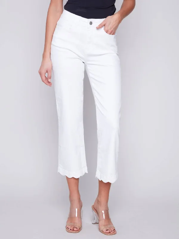 Comfortable Plus-size Pants-Women's Multi Stripe Pants-Straight Leg Scallop Denim Pant In White