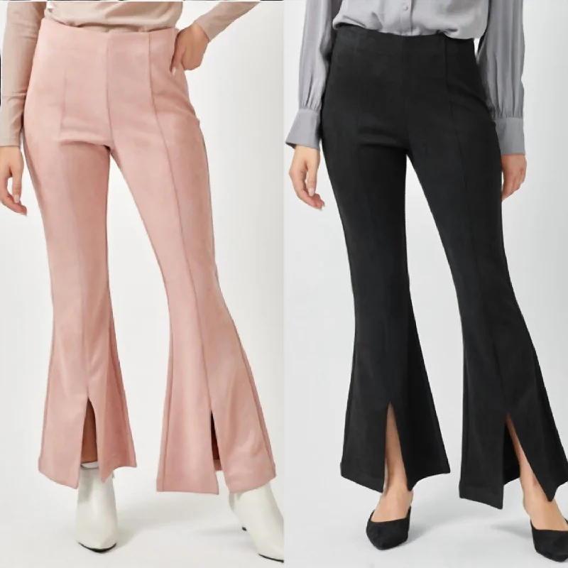 Soft-touch Pants-Women's Geometric Print Pants-Suede Flare Front Slit Pants In Pink