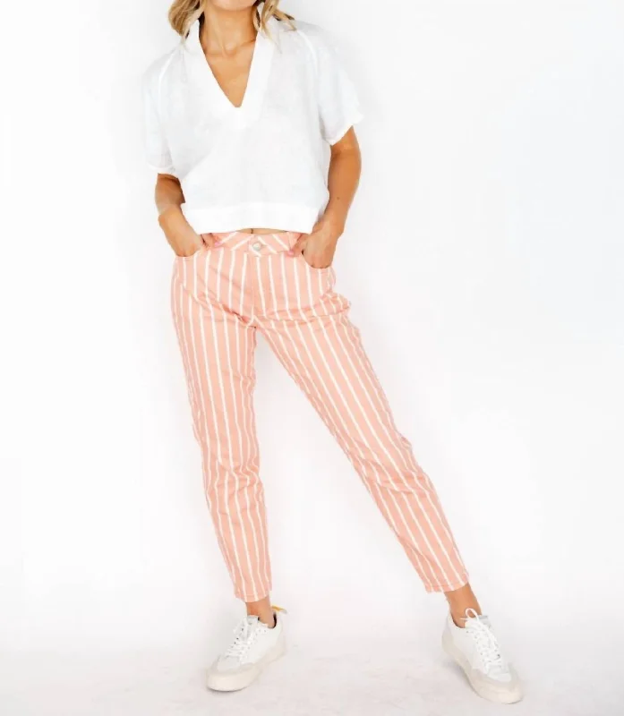 Fashionable Sweatpants-Women's Flared Leggings-Summer Pants In Pink Salmon Striped