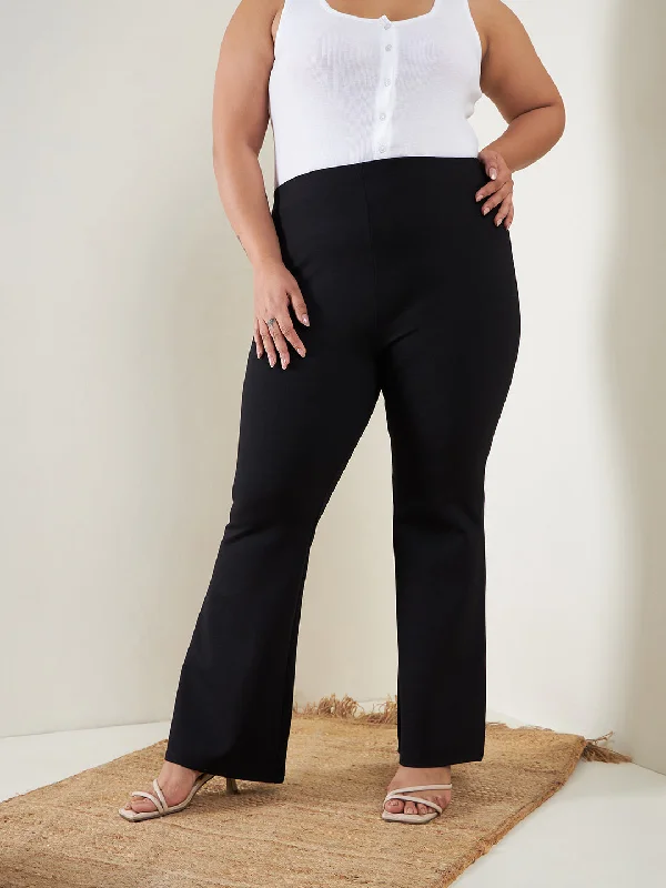 Casual High-rise Pants-Women's Dress Pants-Women Black Bell Bottom 4-Way Stretch Trousers