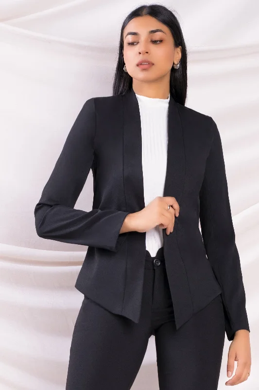 Wool Black Blazer-Women's Ethnic Print Jackets-Black Open Blazer