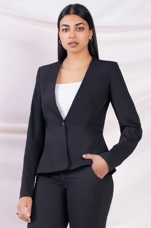 Slim Fit Black Tweed Blazer-Women's Floral Print Jackets-Black Peplum Blazer