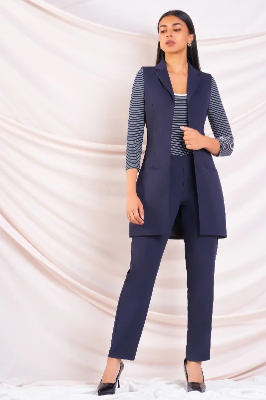 Formal Wool Blazer-Women's Elegant Jackets-Navy Longline Waistcoat