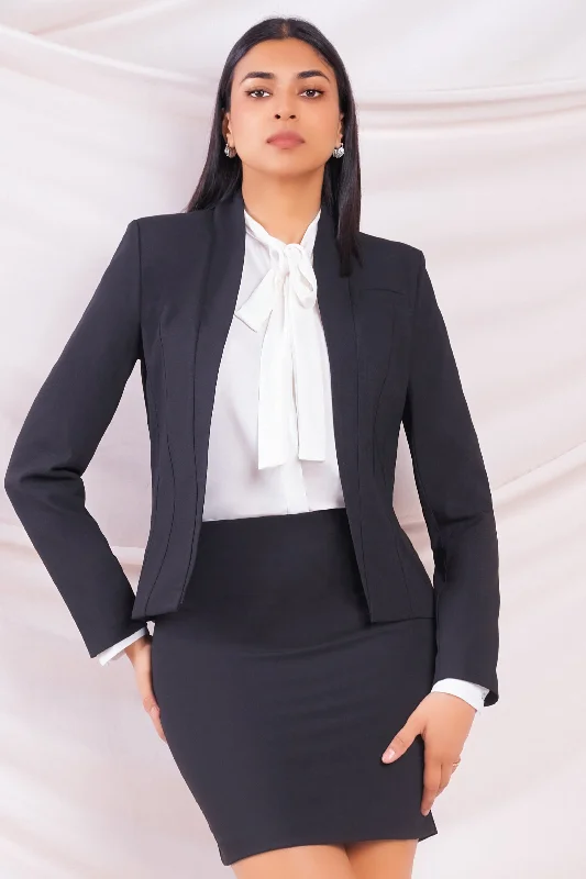 Casual Black Blazer-Women's Embroidered Jackets-Single Lapel Open Blazer