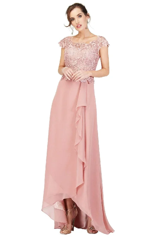 Evening Dress for Bridesmaid -  Women's Coral Colored Evening Gowns-Cecilia Couture - 1846 Lace Scoop A-Line High Low Dress