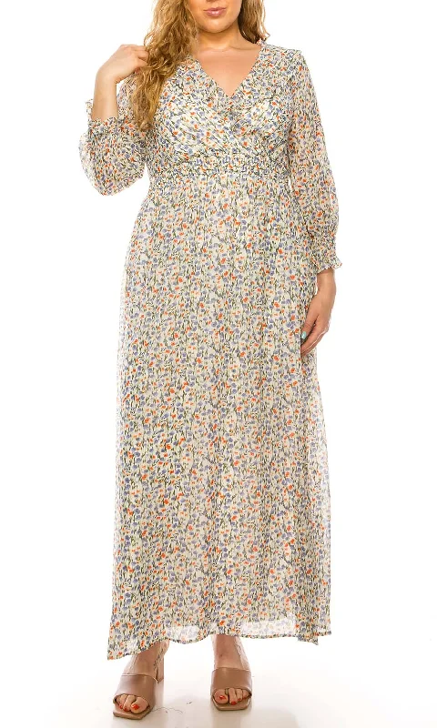 Evening Dress with Sparkles -  Women's Gold Evening Gowns-Shelby & Palmer - M564 Floral Printed V-Neck A-Line Dress