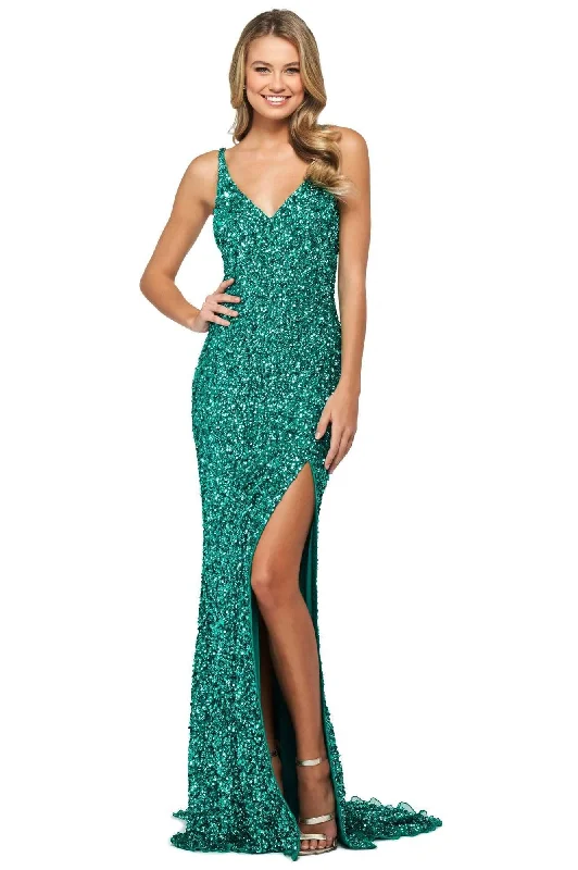 Evening Dress with Silver Details -  Women's High Neck Evening Dresses-Sherri Hill - 53450 Sleeveless V Neck Long Beaded Dress