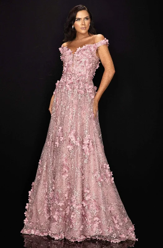 Evening Dress with Sequins and Beads -  Women's Gold Evening Dresses-Terani Couture - 2011M2143 Floral Appliqued Off-Shoulder A-Line Dress